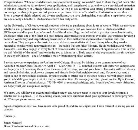 I had to answer answer honestly and it’s my number 1 school so I said yes. . Uchicago likely letter reddit